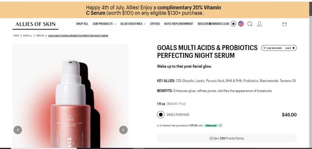 goals multi acids and probiotics perfecting night serum